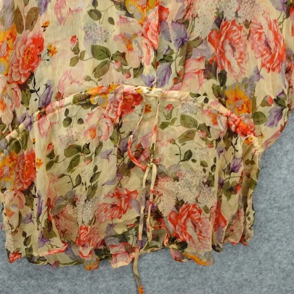 Karen Kane Silk Top Womens L Cream Rose Floral Peplum Blouse Sheer Boho USA Made - Picture 7 of 11
